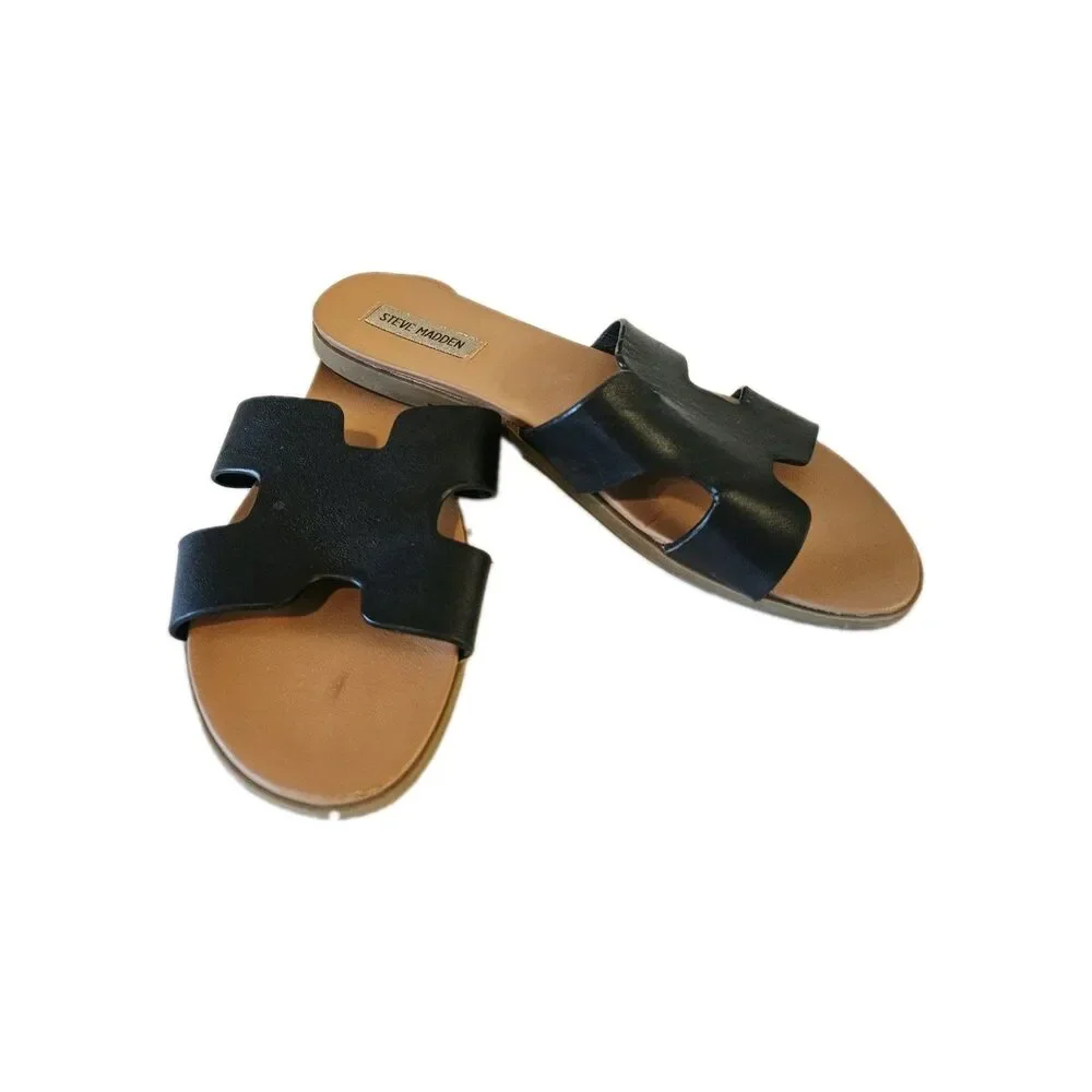Steve Madden Black Leather Flip Flop Size 10
